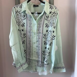 Milk & Honey Sage Green Satin Baroque Print Button Down Shirt - Large - NWT